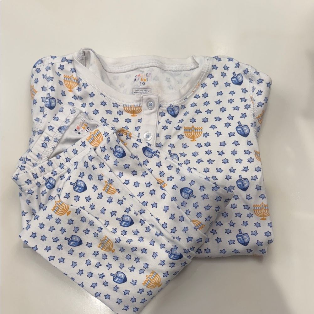 Roller Rabbit White Pajama Set with Blue and Gold Hanukkah Motif